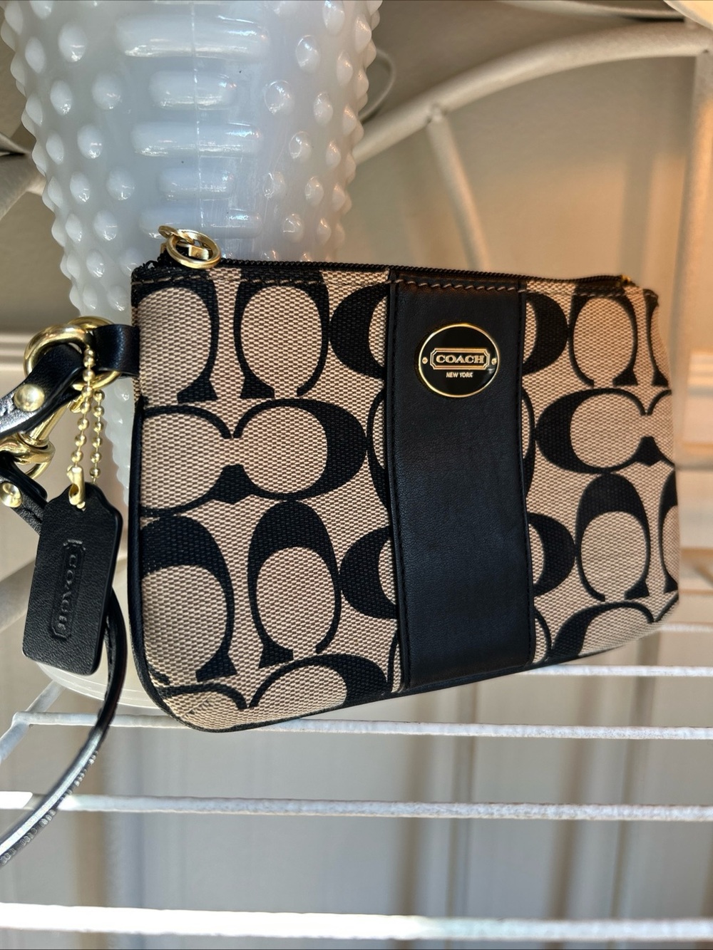 Coach Signature Canvas Wristlet in Black and Tan